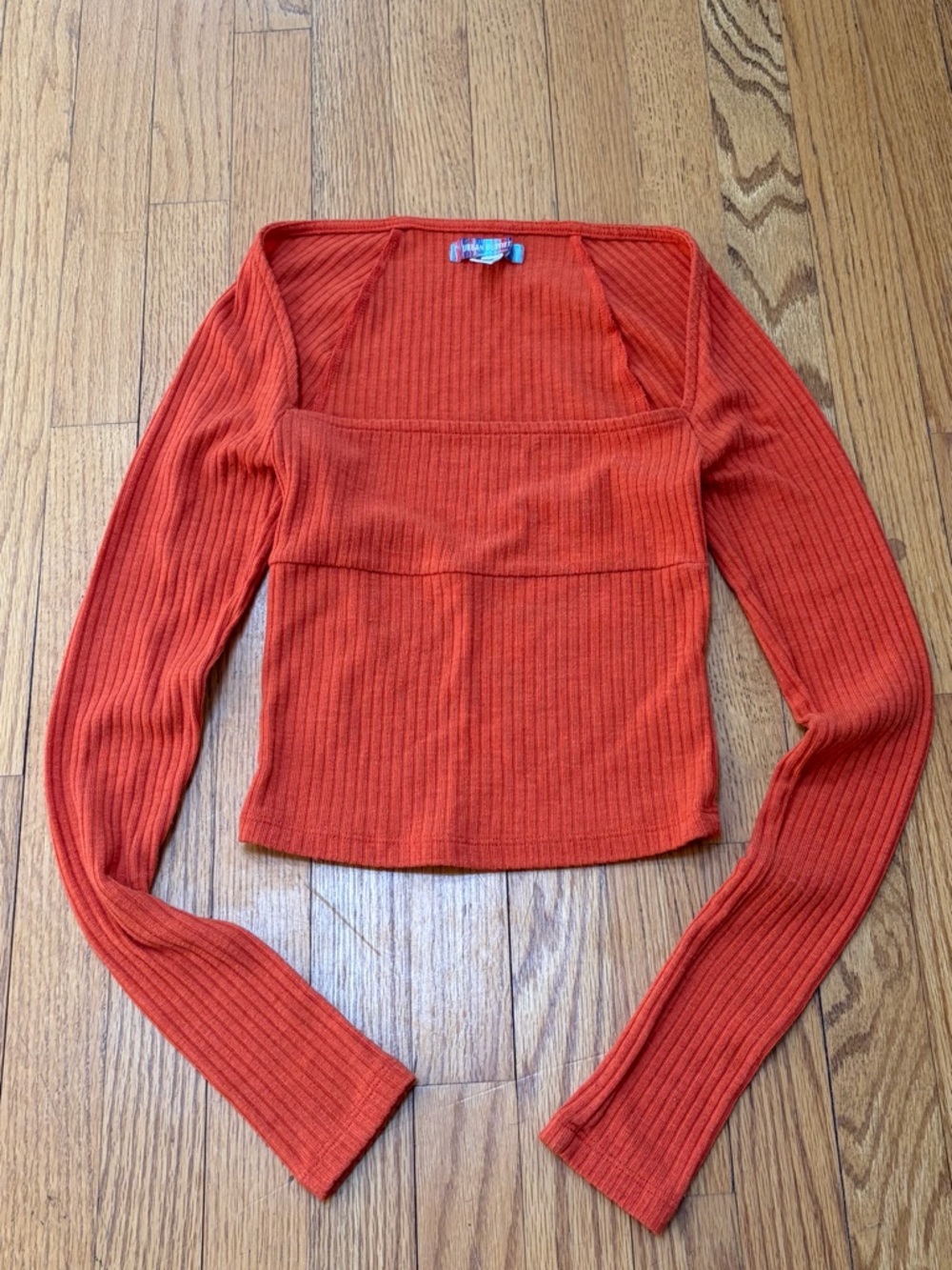 Urban Outfitters Cropped Ribbed Square Neck Long Sleeve Top XS Terracotta